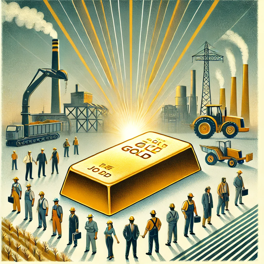 A symbolic illustration showing a gold bar supporting workers from various industries—highlighting the gold standard’s role in job creation and economic stability.