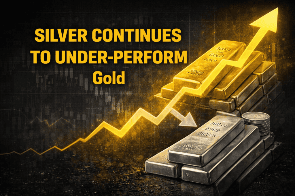 Silver bullion bars falling relative to rising gold bars with price chart showing silver underperforming gold