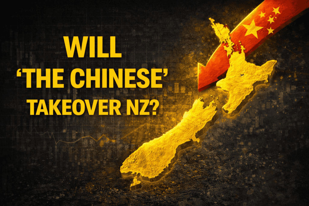 Map of New Zealand with arrow from China flag symbolising concern about Chinese influence or investment in New Zealand