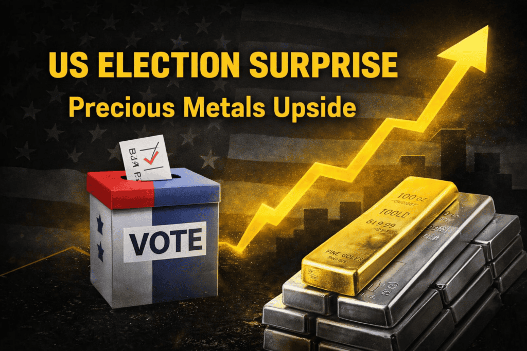 Gold and silver bullion rising after US election surprise with upward price breakout arrow