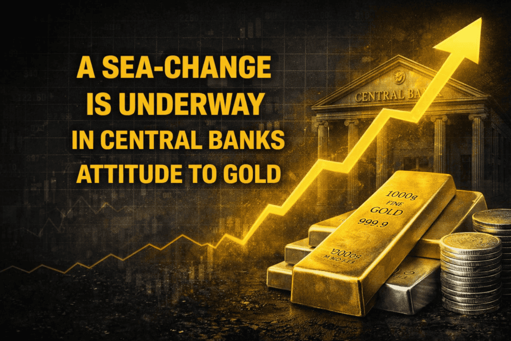 Gold bullion bars and coins with rising chart showing central banks shifting attitude toward gold reserves