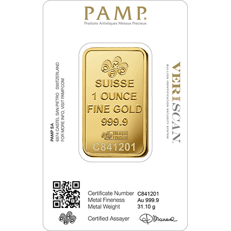 1oz Swiss PAMP Lady Fortuna Gold Minted Bar - Reverse - in packaging
