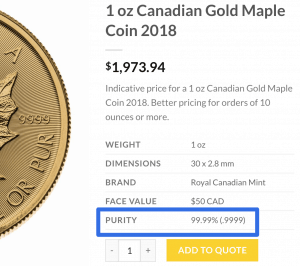 1 oz Canadian Gold Maple Coin 2018-Gold Purity 99.99% pure gold