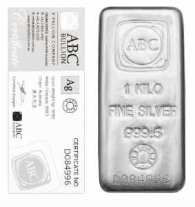1 Kg ABC Bullion Silver Cast Bar with certificate
