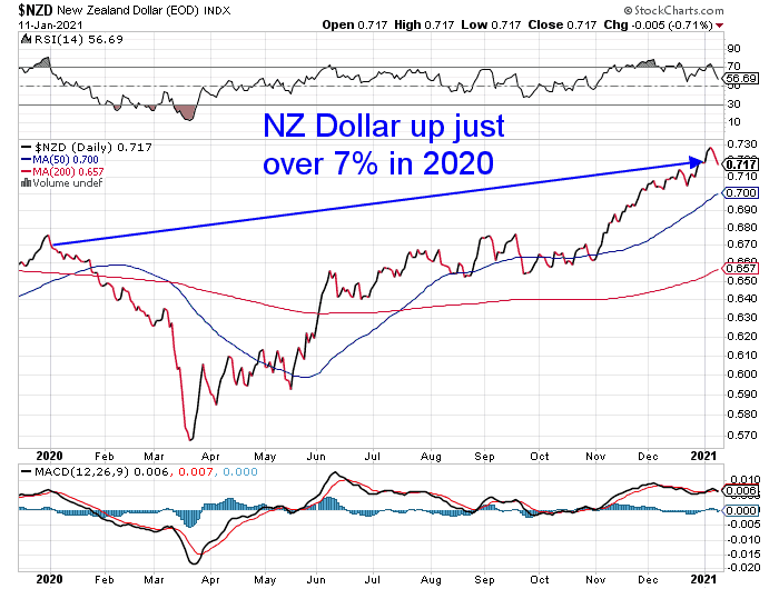 Chart of the New Zealand Dollar and its performance in 2020