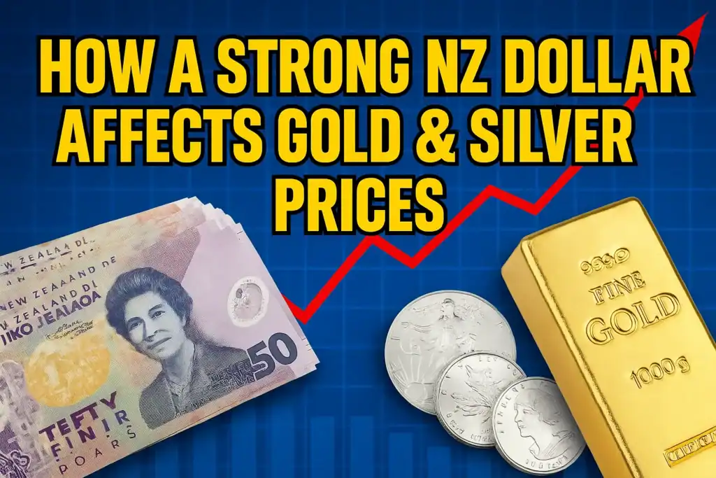 Illustration showing the impact of a strong NZ dollar on gold and silver prices. Features New Zealand currency alongside bullion bars with upward trend visuals.