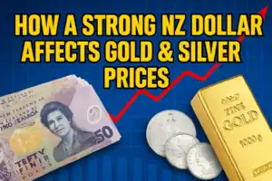 Illustration showing the impact of a strong NZ dollar on gold and silver prices. Features New Zealand currency alongside bullion bars with upward trend visuals.