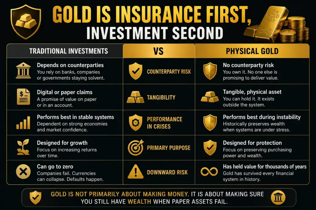 Gold bullion graphic showing gold as financial insurance during currency debasement, inflation, banking instability, and economic uncertainty with secure wealth protection messaging.