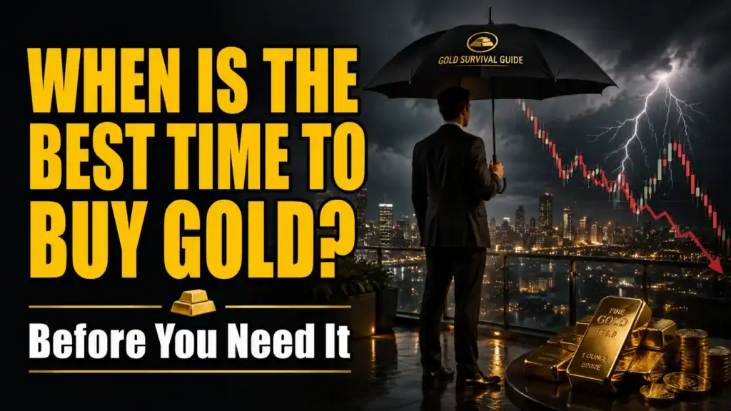 Investor holding an umbrella during a financial storm symbolizing why the best time to buy gold is before a financial crisis or market downturn