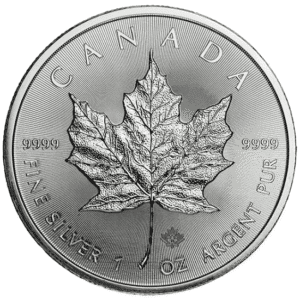 Canadian Silver Maple Leaf 1 oz coin featuring a detailed maple leaf design, with inscriptions for “9999 Fine Silver 1 oz Argent Pur” and “Canada.”