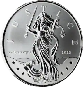 2025 Niue Lady Justice 1 oz silver coin featuring a blindfolded Lady Justice holding a sword and scales, with the words “JUSTICE,” “FIDES ET JUSTITIA,” and the year 2025 engraved.
