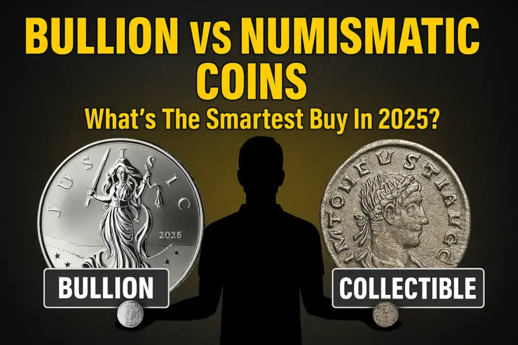 Featured image comparing bullion and numismatic coins with bold yellow text reading “Bullion vs Numismatic Coins” and subheading “What’s The Smartest Buy In 2025?”, using black and gold brand colours and Impact font.