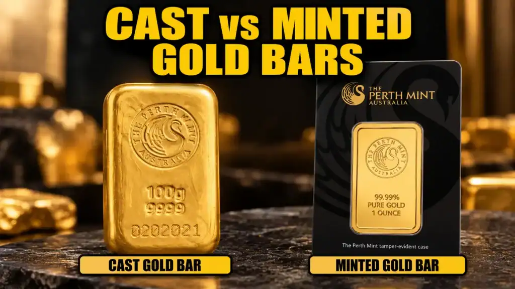 Cast gold bar with a natural poured finish beside a smooth, uniform minted gold bar