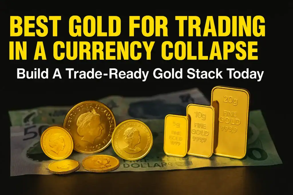 Small gold coins and bars with New Zealand banknotes in background, representing best gold options for barter in a currency collapse.