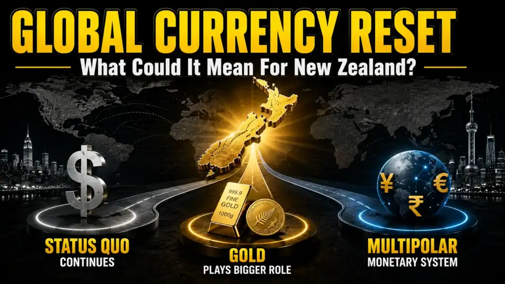 Illustration showing three possible paths for the future monetary system including the US dollar, gold and a multipolar currency system, with New Zealand at the centre.