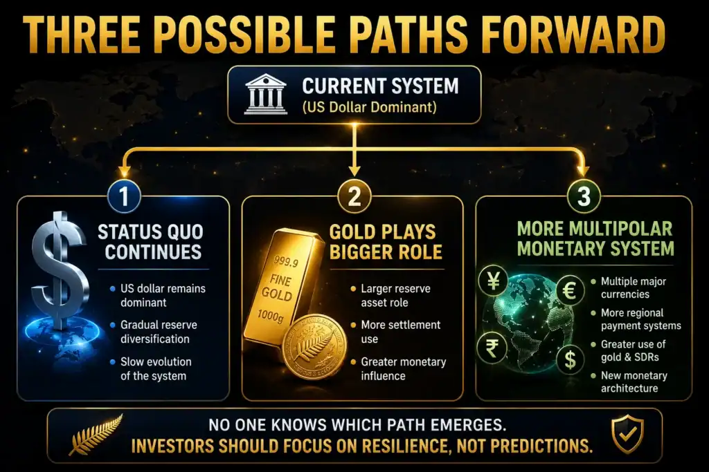 Illustration showing three possible paths for the future monetary system including the US dollar, gold and a multipolar currency system, with New Zealand at the centre.