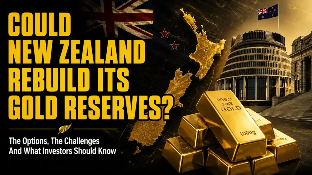 Illustration of New Zealand, gold bars and Parliament representing the idea of rebuilding New Zealand's official gold reserves.
