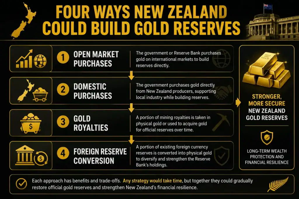 Infographic showing four ways New Zealand could rebuild official gold reserves: purchasing gold on international markets, buying directly from New Zealand producers, accumulating gold through mining royalties, and converting part of its foreign currency reserves into physical gold.