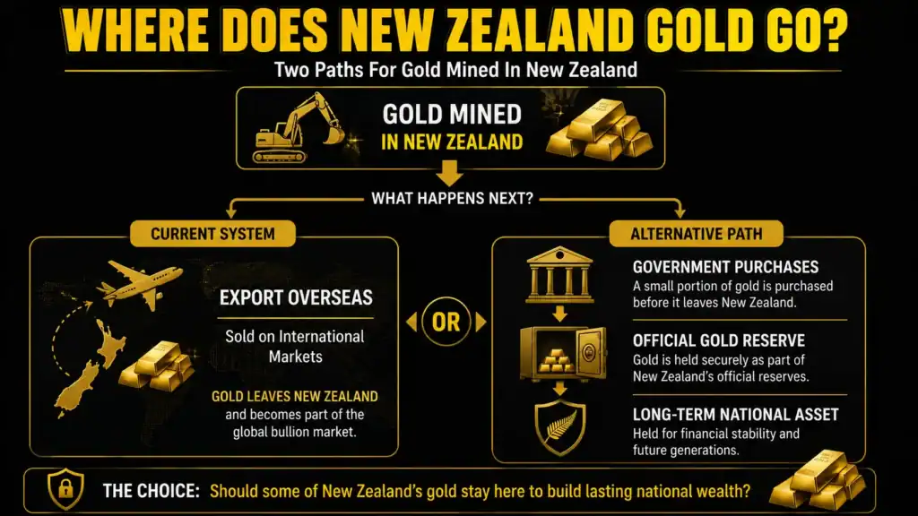 Flowchart showing the two possible paths for gold mined in New Zealand: the current system where gold is exported overseas, and an alternative where some gold is purchased by the government and added to official gold reserves as a long-term national asset.