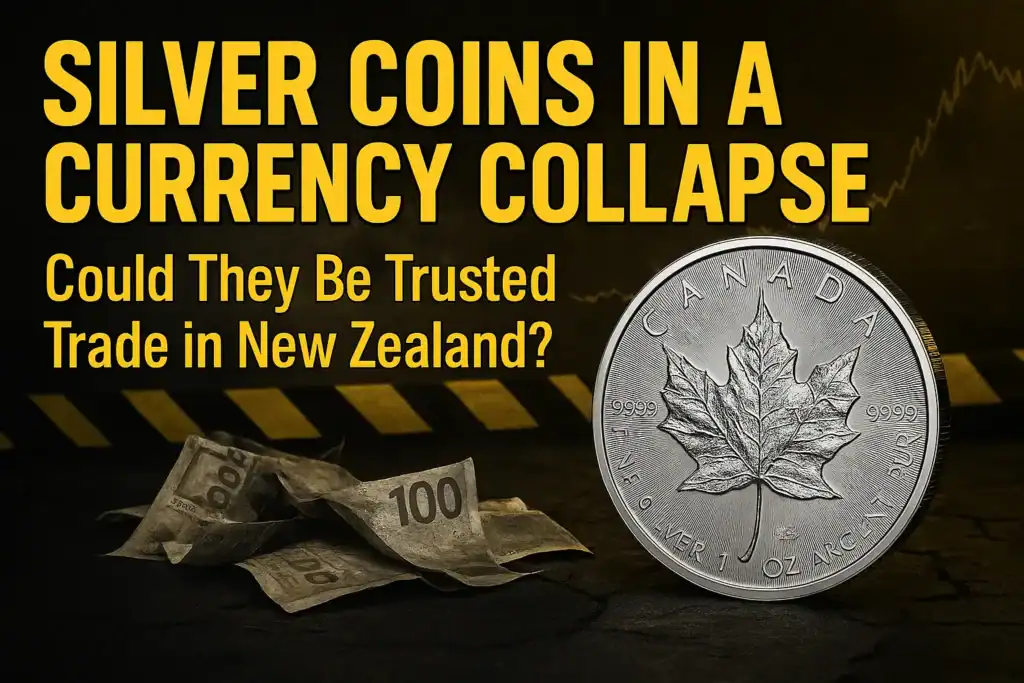 Silver coins standing out amid a collapsing New Zealand currency background, illustrating their potential use in trade and barter during a financial crisis.