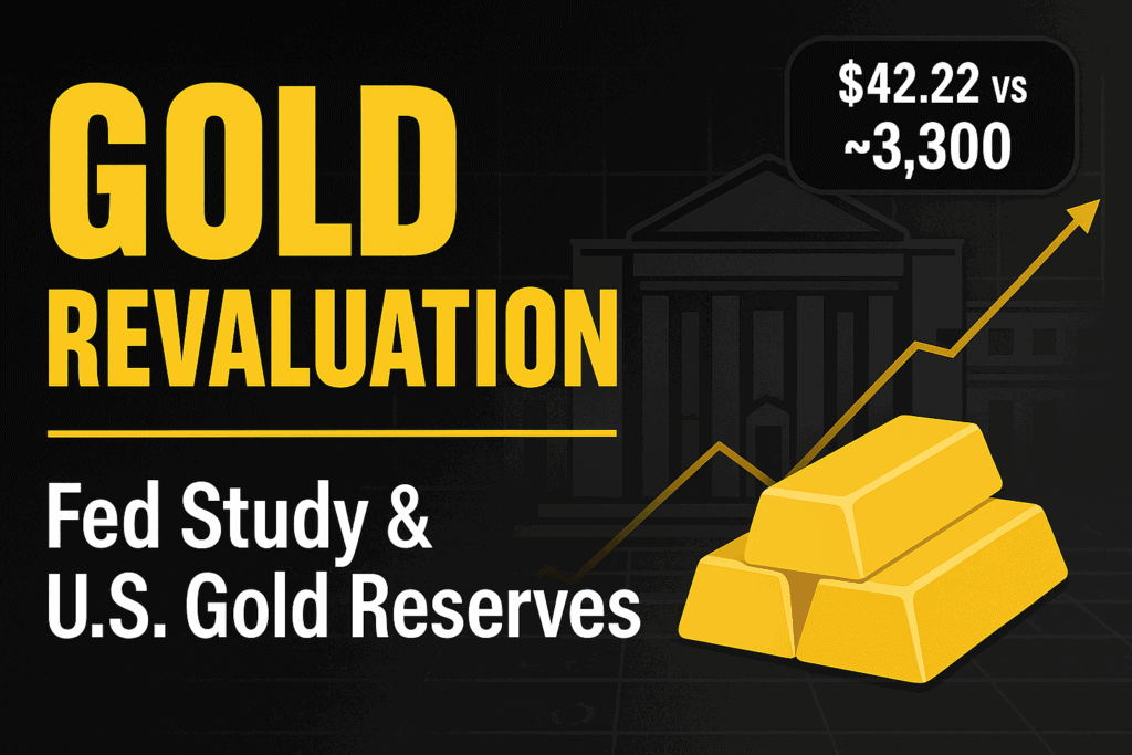 Gold Revaluation and U.S. Gold Reserves — bold gold headline on black background with stacked gold bars, Federal Reserve silhouette, and rising gold price chart.