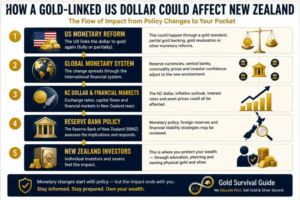Flowchart showing how a gold-linked US dollar could affect New Zealand, from US monetary reform through the global financial system to the NZ dollar, Reserve Bank policy and New Zealand investors.
