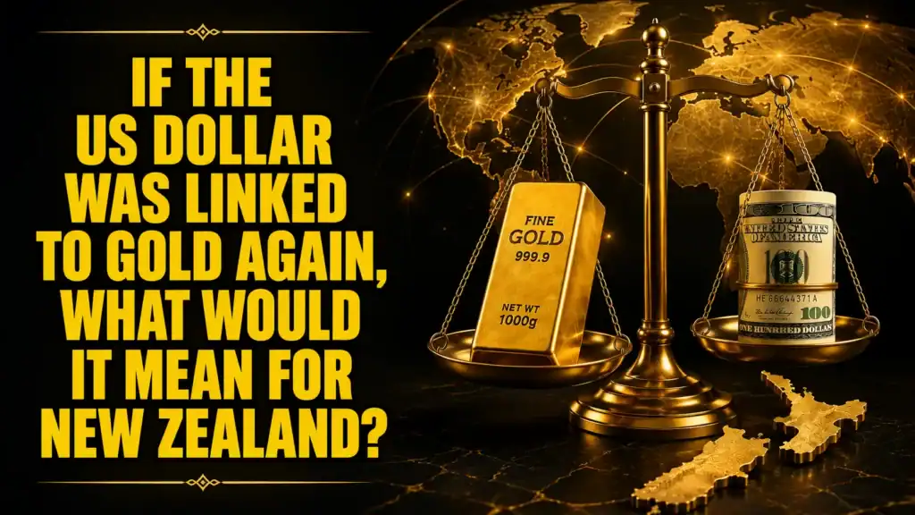 Illustration showing a balance scale weighing a gold bar against US dollar banknotes, with a world map and New Zealand in the background, representing the potential impact of linking the US dollar to gold on New Zealand's economy.