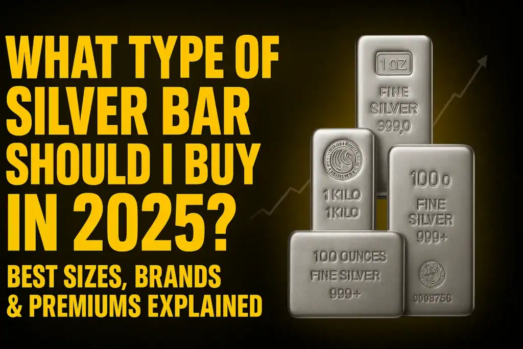 Featured image showing stacked silver bars in different sizes (1oz, 10oz, 1kg, 100oz) with a glowing gold background and bold yellow headline: 'What Type of Silver Bar Should I Buy in 2025?' A rising line graph silhouette in the background suggests growing silver demand.