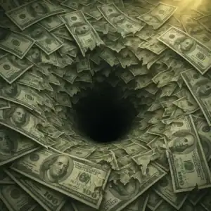 A vortex (whirlpool) made entirely of US $100 bills spiraling downward into a dark pit or drain. The bills appear shredded and tattered as they descend, symbolizing loss of value.