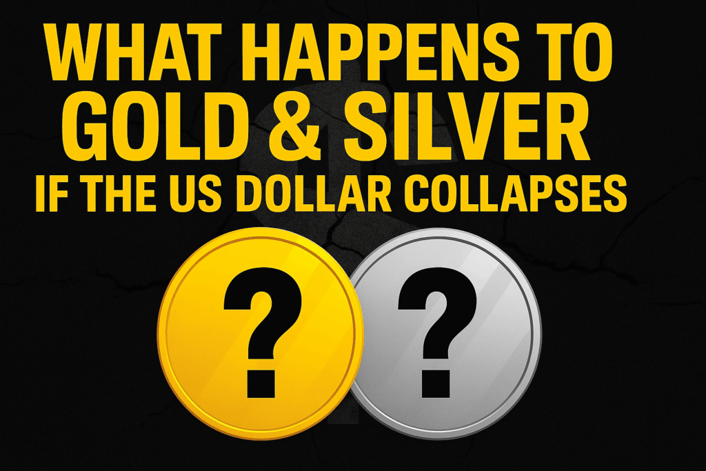 Blank gold and silver coins with question marks, illustrating uncertainty about how gold and silver will be priced if the US dollar collapses