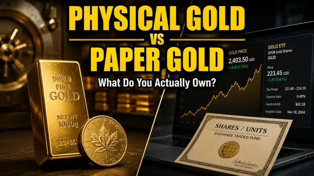 Physical gold vs paper gold comparison showing gold bullion and paper gold investments