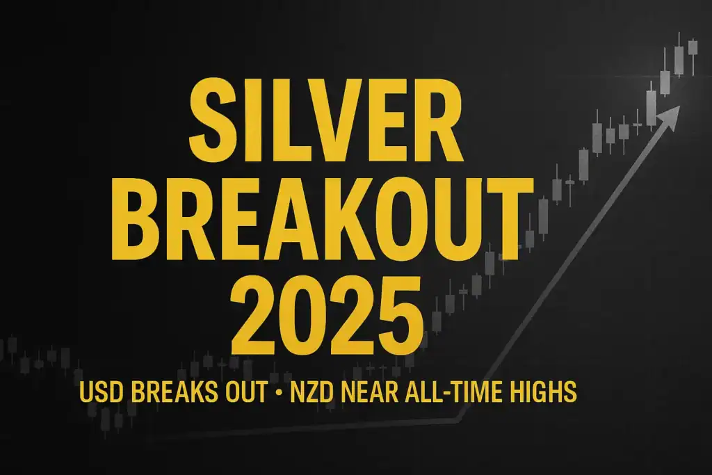 Silver Breakout 2025 promotional graphic with bold gold text over a dark chart background showing an upward candlestick trend and arrow, symbolising rising silver prices in 2025.