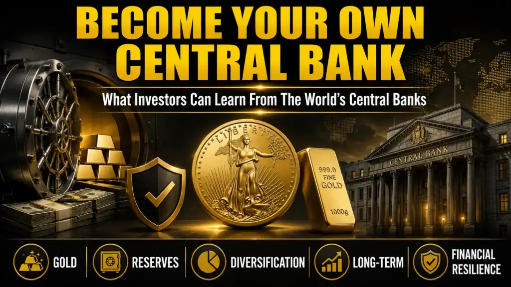 Hero image for the Become Your Own Central Bank guide showing a vault, physical gold, cash reserves, a central bank building and icons representing gold, reserves, diversification, long-term investing and financial resilience.