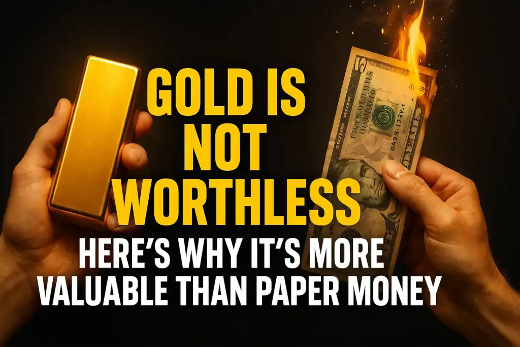 Man holding gold bar in one hand and burning paper money in the other, illustrating the idea that gold is more valuable and lasting than fiat currency.