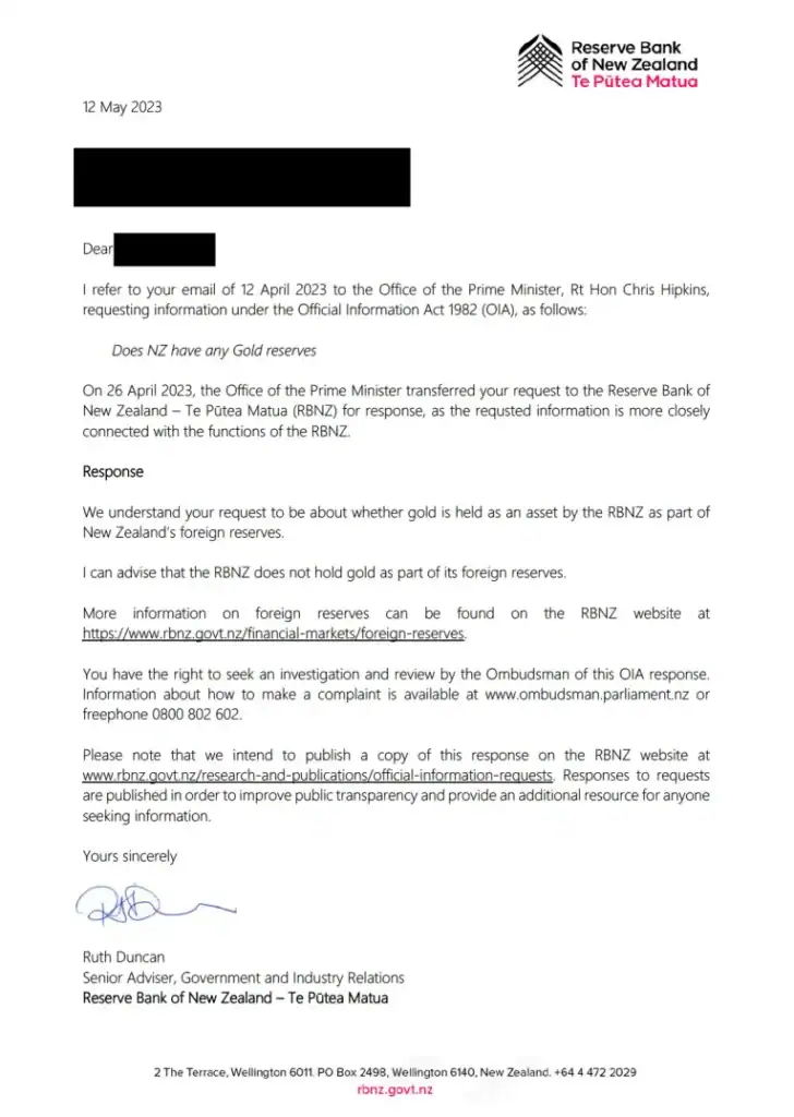 Official Information Act response from the Reserve Bank of New Zealand confirming that the RBNZ does not hold gold as part of New Zealand's foreign reserves.