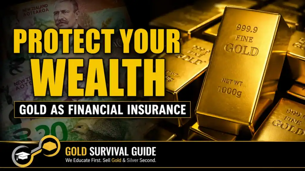 Gold bullion bars and New Zealand currency illustrating gold as financial insurance and long-term wealth protection.