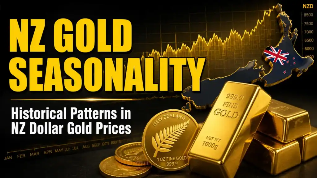 Featured image showing NZ gold price seasonality with gold bars, NZ-themed gold coins, and a rising gold price chart illustrating historical patterns in NZ dollar gold prices.