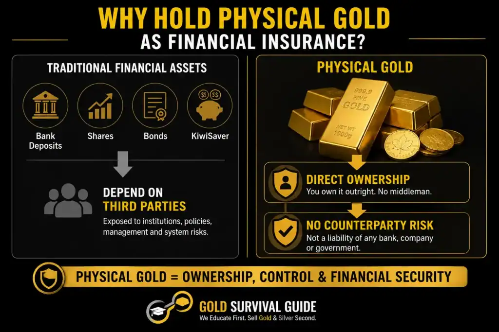 Comparison showing traditional financial assets such as bank deposits, shares, bonds and KiwiSaver relying on third parties, while physical gold provides direct ownership and no counterparty risk.