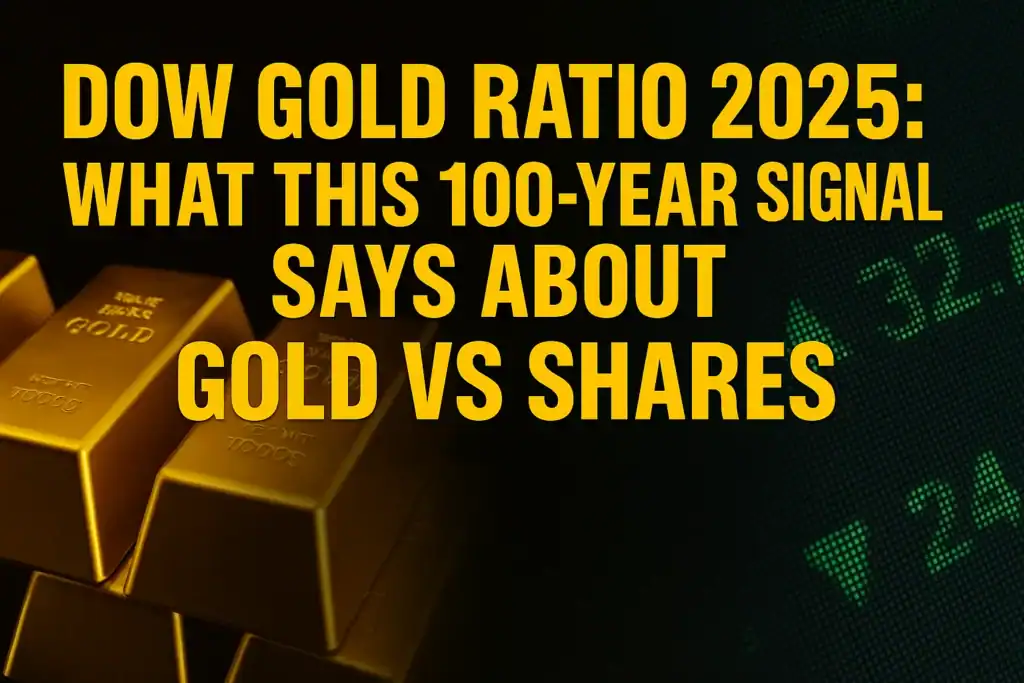Split image showing gold bullion on one side and stock market data on the other, with bold headline “DOW GOLD RATIO 2025” and subheading “What This 100-Year Signal Reveals About Gold vs Shares” in gold and black branding.