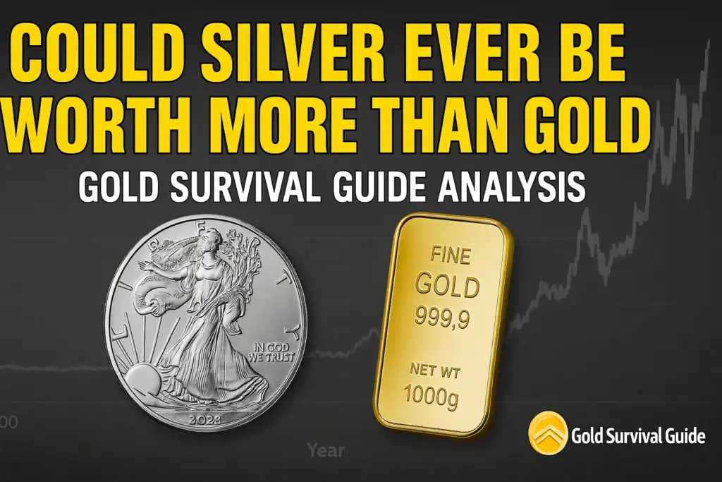 Gold and silver bullion coins in front of a gold-to-silver ratio chart, representing analysis of whether silver could be worth more than gold — Gold Survival Guide.