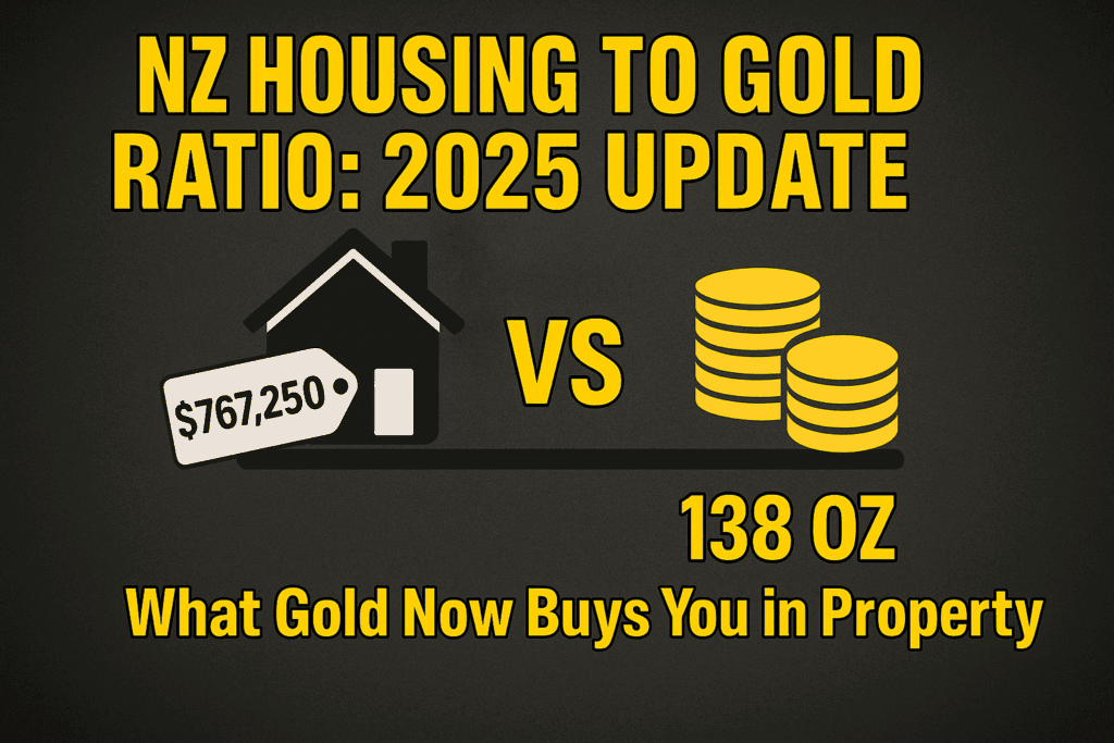 Featured image showing a New Zealand house icon balanced against a gold coin, representing the 2025 update of the NZ housing to gold ratio. Includes bold gold-on-black headline styling consistent with Gold Survival Guide branding.