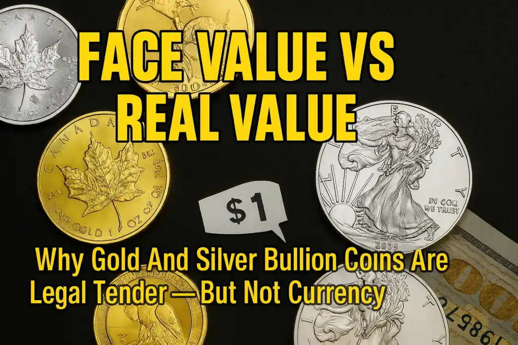Gold and silver bullion coins with face values contrasted against real market value — illustrating the difference between legal tender status and actual worth