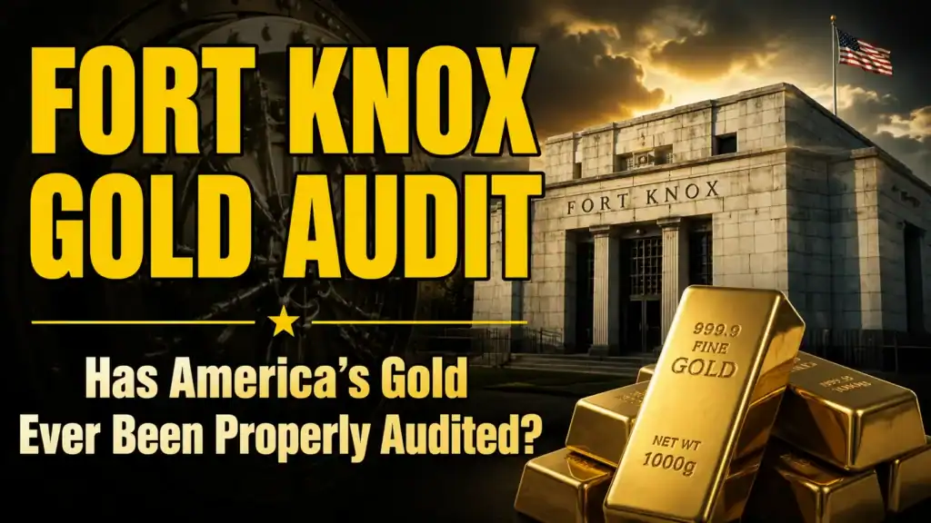 Hero image for a Fort Knox gold audit article showing the Fort Knox Bullion Depository, a vault door and stacked gold bars, asking whether America's gold has ever been properly audited.