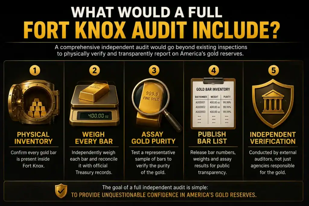 Infographic showing the five key elements of a comprehensive independent Fort Knox audit: physical inventory, weighing every gold bar, assaying gold purity, publishing bar lists, and independent verification.