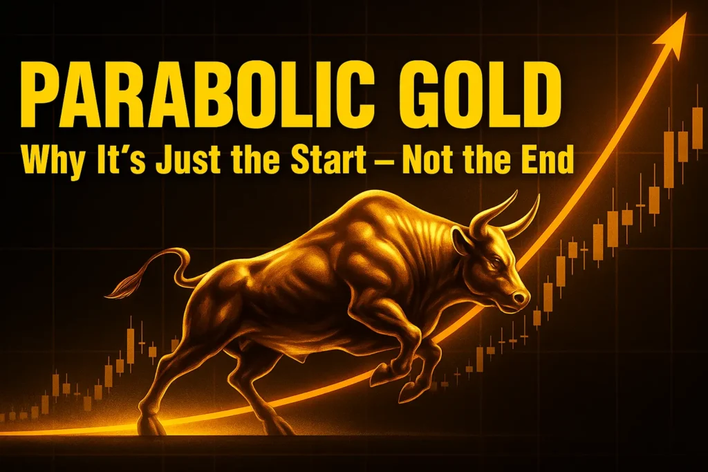 A dramatic illustration of a golden bull charging upward along a parabolic line on a financial chart, symbolizing gold’s accelerating price trend and market momentum.