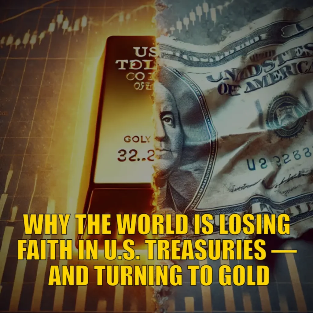 Illustration of a gold bar in contrast to a crumpled US Treasury bond, symbolizing the shift from paper to hard assets.