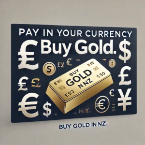 Promotional graphic showing gold bar surrounded by currency symbols with text 'Pay in Your Currency. Buy Gold in NZ.