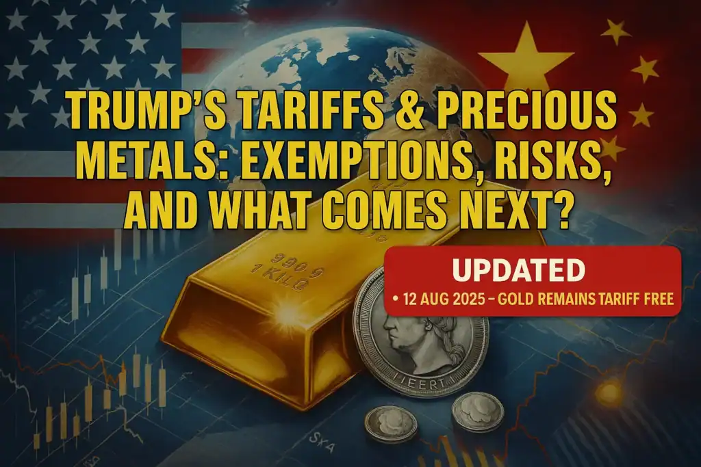 Hero graphic with gold bar and silver coin over market charts, U.S. and China flags; headline ‘Trump’s Tariffs & Precious Metals: Exemptions, Risks, and What Comes Next?’ and red badge ‘Updated • 12 Aug 2025 — gold remains tariff-free.’