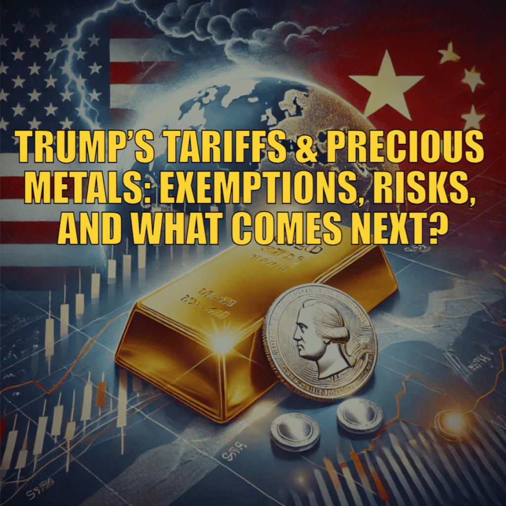 Illustration showing a gold bar and silver coin on a fluctuating financial chart, with stormy skies, lightning bolts, and faded U.S. and China flags in the background—symbolizing the economic impact of global tariffs on precious metals.