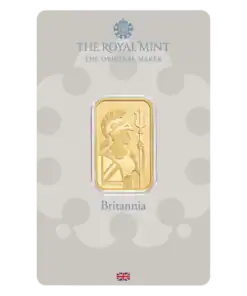 Britannia 10g gold bar – 999.9 fine gold – front view with packaging